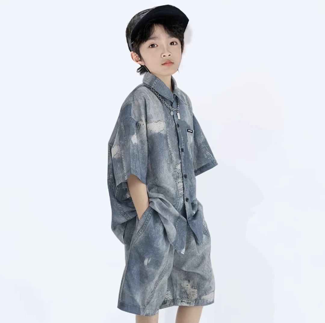 夏季男女通用仿牛仔色休闲风男童女套装男韩版上衣休闲冰丝套装