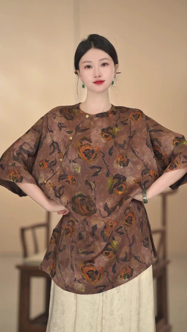 「云锦」中国风圆领薄款网红百搭小衫复古气质宽松提花时尚显瘦大气