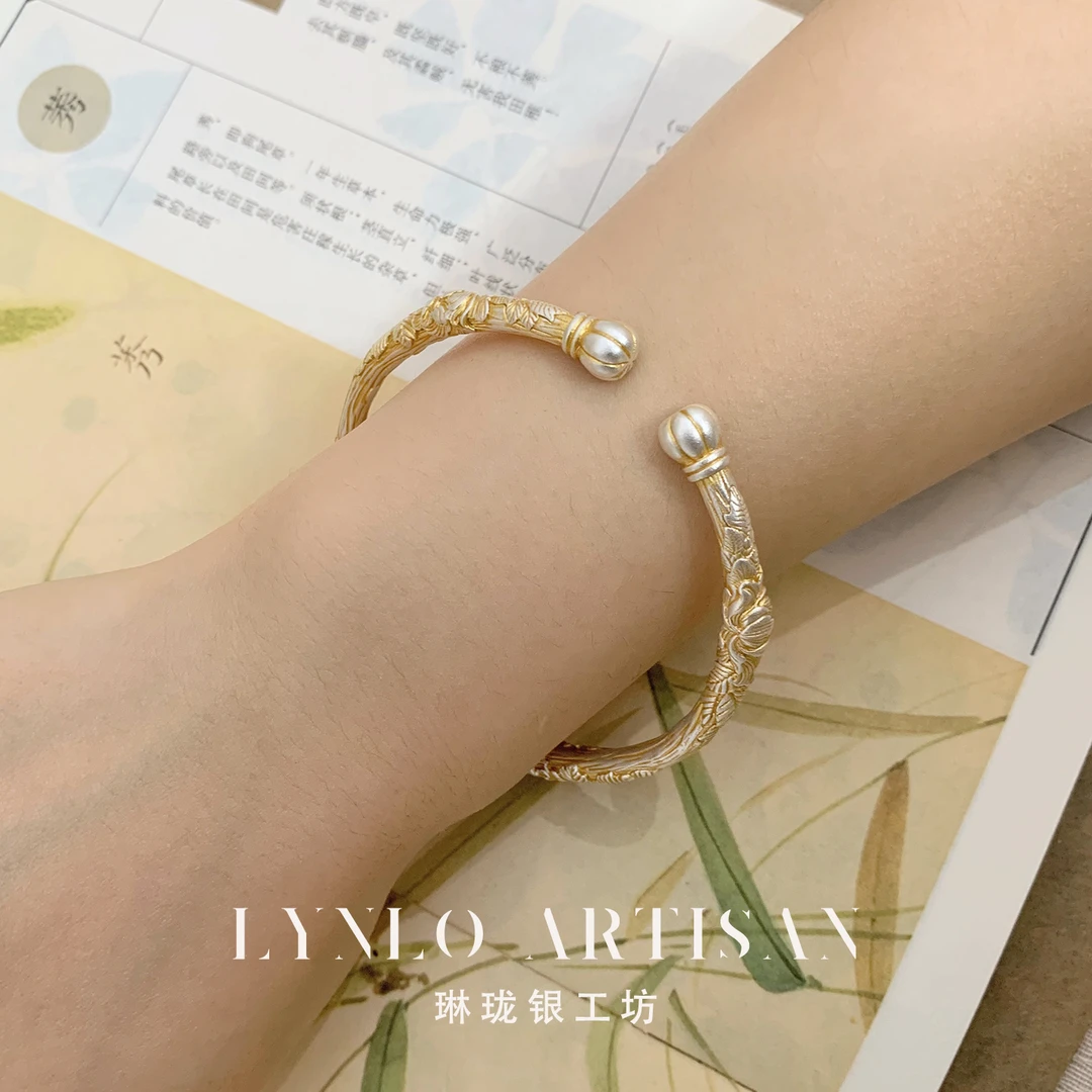 足银手镯 琳珑银工坊[金枝牡丹] 足银999.9 描金牡丹花南瓜头手镯