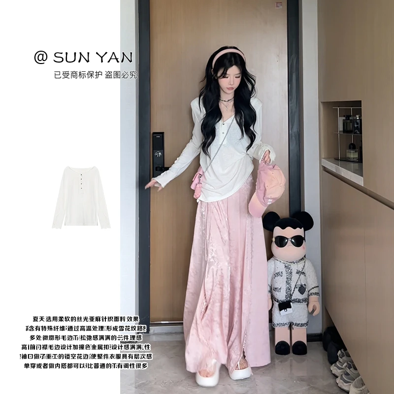 孙妍3.20新款【白黎针织】设计感花边圆领宽松休闲针织上衣女