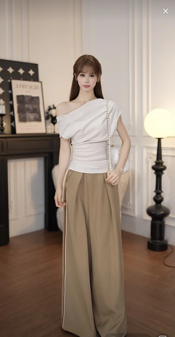 小小仟 斜肩气质T恤夏季新款收腰显瘦不规则设计露肩上衣长裤套装