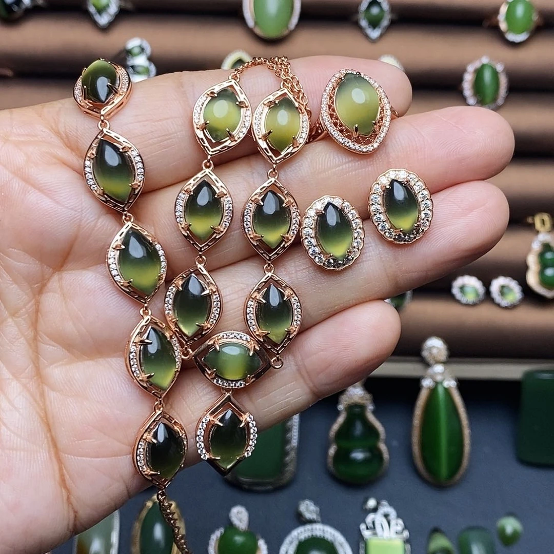 吊坠(不含链)银S925镶嵌和田玉（碧玉）套装