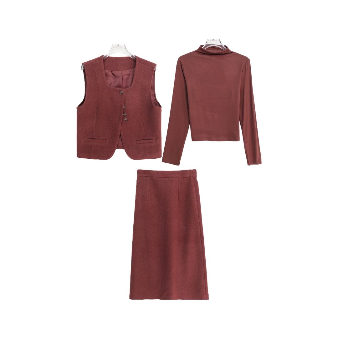 S高级感小香风马甲半身裙半高领针织打底衫三件套S4741