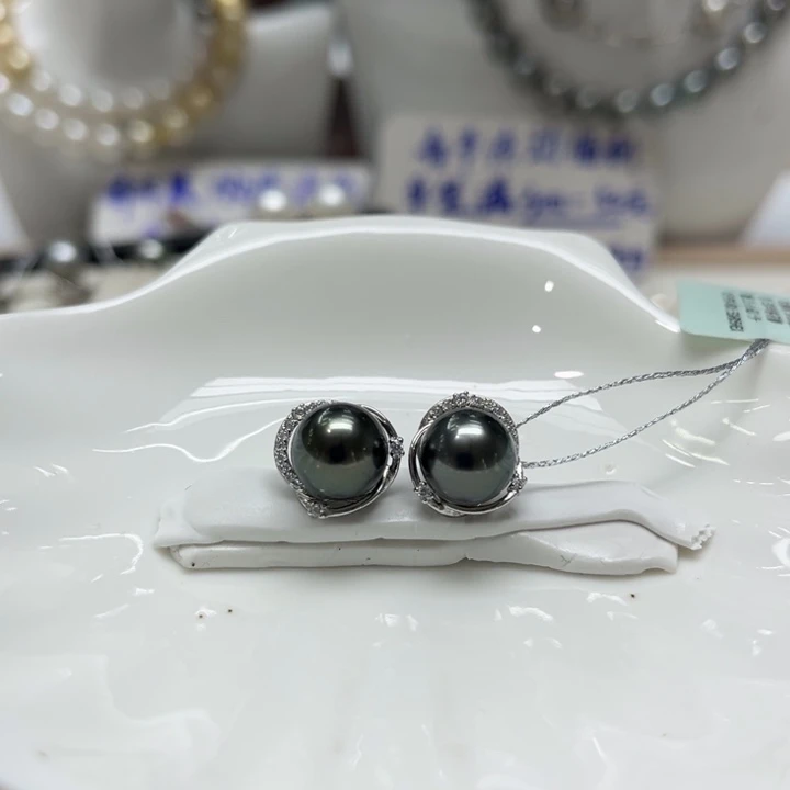 海水珍珠漏大溪地花瓣耳钉9-10mm银S925镶嵌