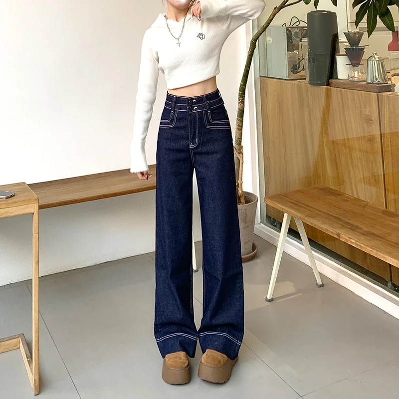 丹宁蓝阔腿牛仔裤女秋冬季长裤新款高腰宽松垂感弹力遮胯直筒裤子