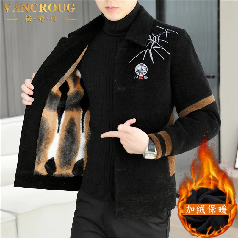 VANCROUG/法劳格夹克男士秋冬翻领加绒加厚保暖高端潮流毛呢外套