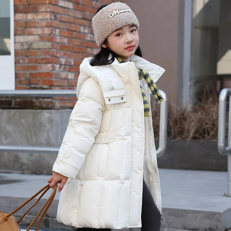 女童羽绒服冬装洋气韩版公主收腰加厚连帽保暖中长款白鸭绒外套潮