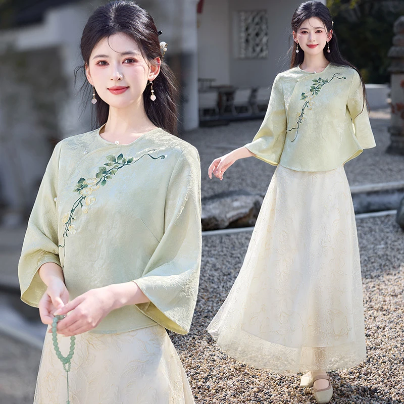 好质量中式汉服立领提花刺绣斜襟盘扣上衣搭配国风刺绣半身裙套装