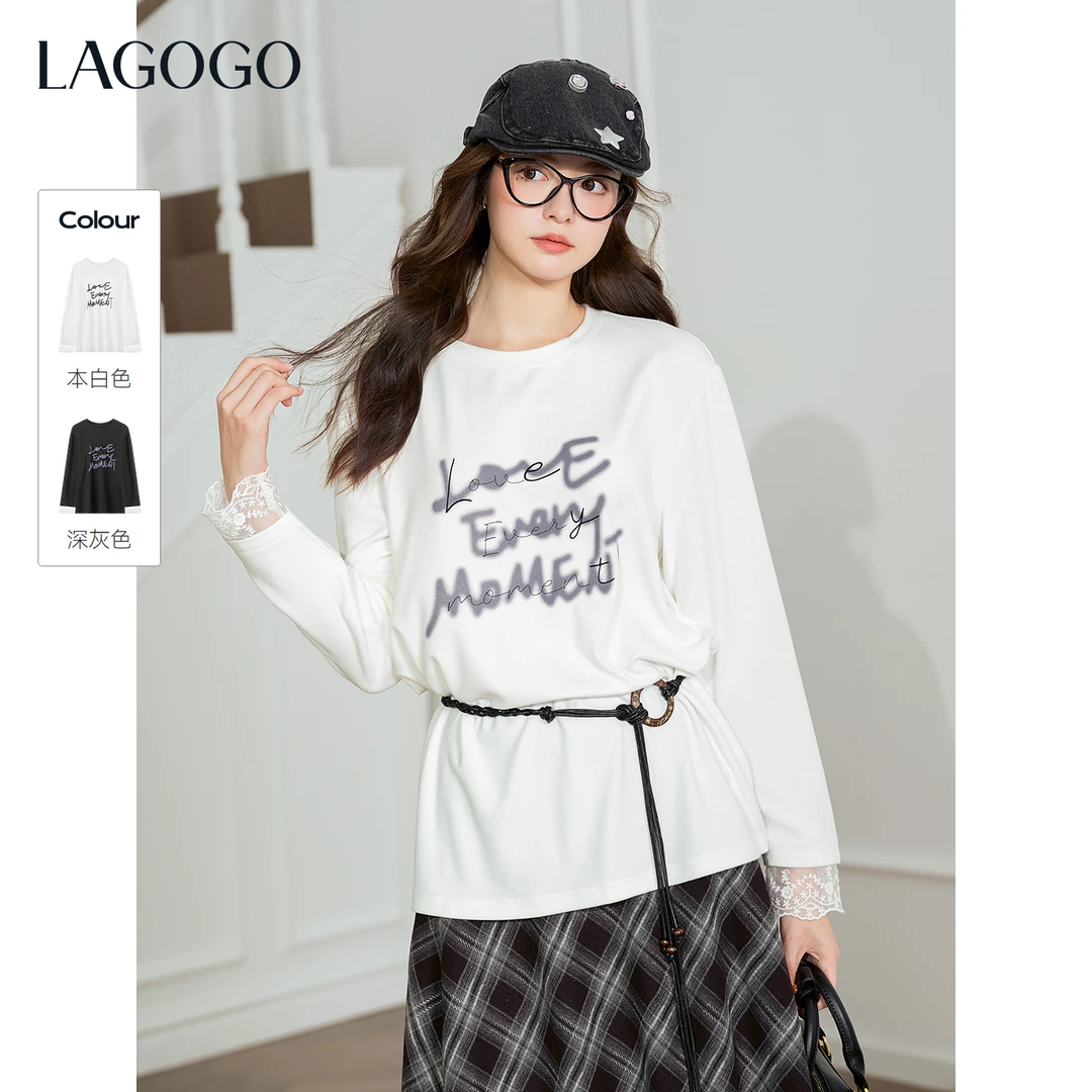 lagogo拉谷谷2025年新款保暖科技简约宽松打底衫女OCTT519G52