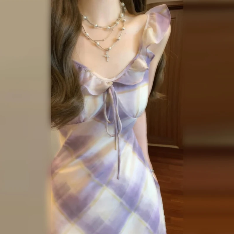 3653法式紫色格纹小飞袖吊带连衣裙子女夏季2025新款爆款气质长裙