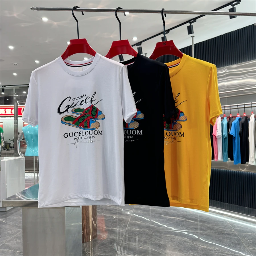 【路易铭城】2025夏季新品欧货时尚潮牌印花丝光棉短袖T恤男装上衣