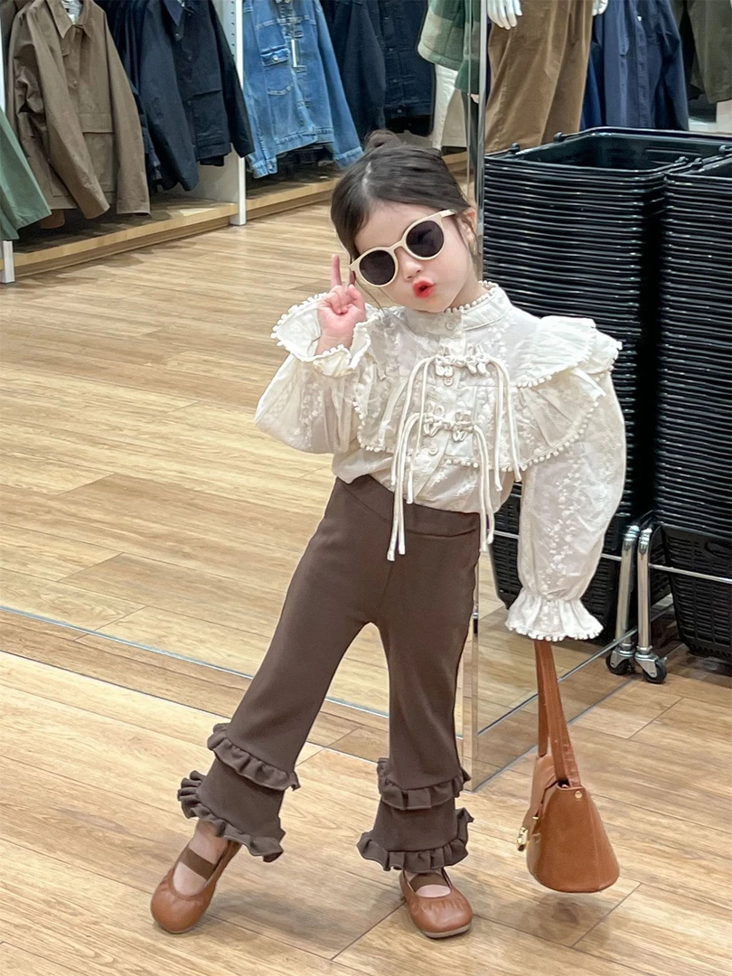 PAOFUPP宫廷风韩版女童蕾丝花边复古小立领洋气长袖衬衣衬衫裤子