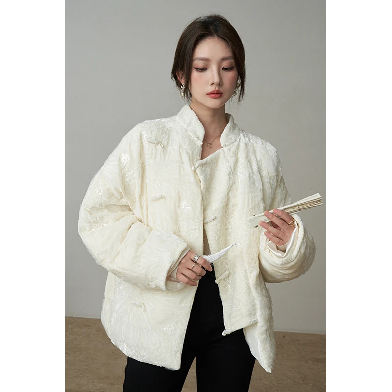 且可ChillCozy 月白冬吟 90白鸭绒新中式蕾丝珠片丝绒绣花羽绒服