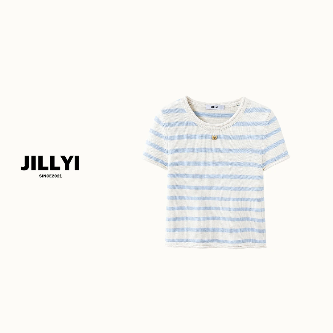 JILLYI南山店【蓝莓奶油】蓝白条纹圆领金色小蝴蝶结装饰针织上衣