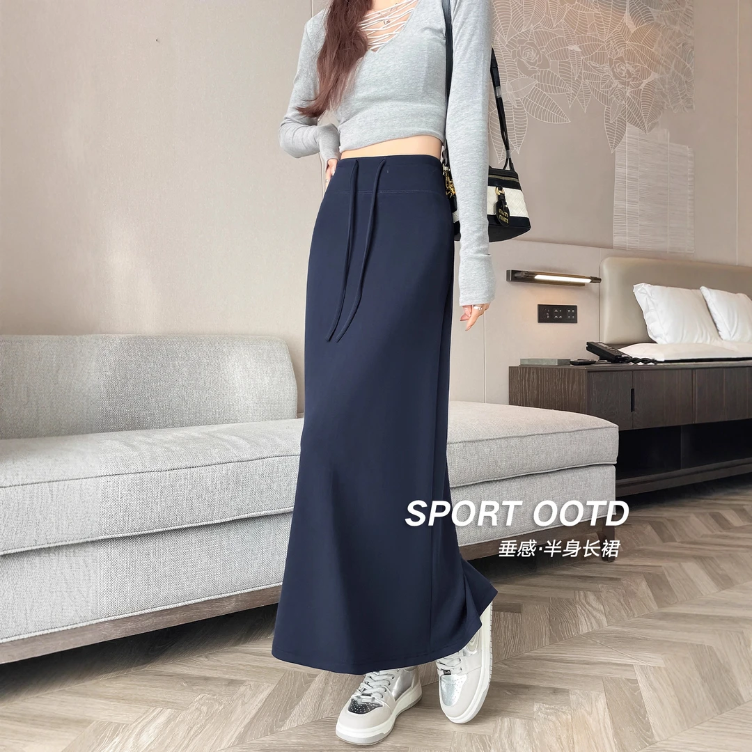 25韩系秋夏休闲抽绳松紧腰A字半身裙设计感新款简约慵懒百搭半裙