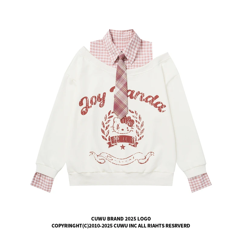 cuwu韩系kitty猫涂鸦POLO领卫衣女男秋季宽松休闲假两件露肩上衣