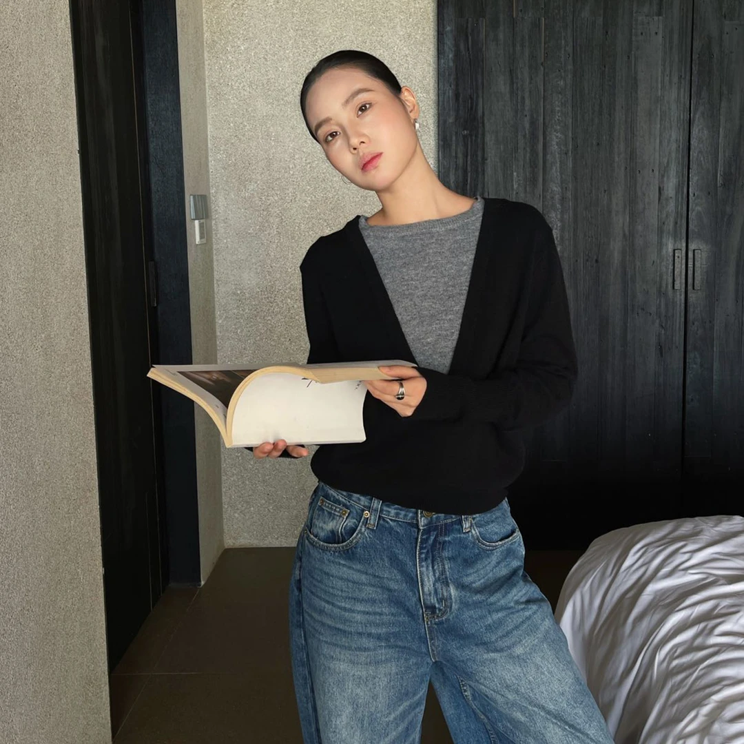 PURITY YH小众简约拼色假两件长袖上衣针织衫宽松百搭毛衣打底衫