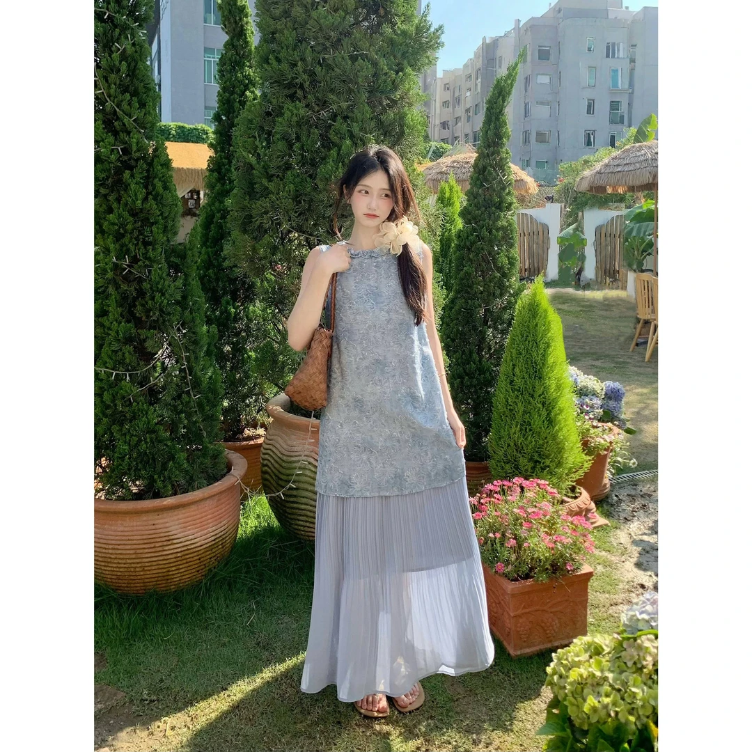 2025新款小众设计感休闲百搭法式度假风假两件拼接长裙无袖连衣裙