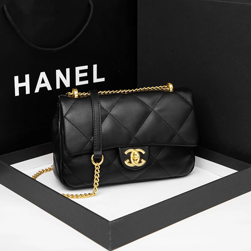 新款小香风链条女包高质感菱格真皮单肩包百搭简约斜挎腋下包