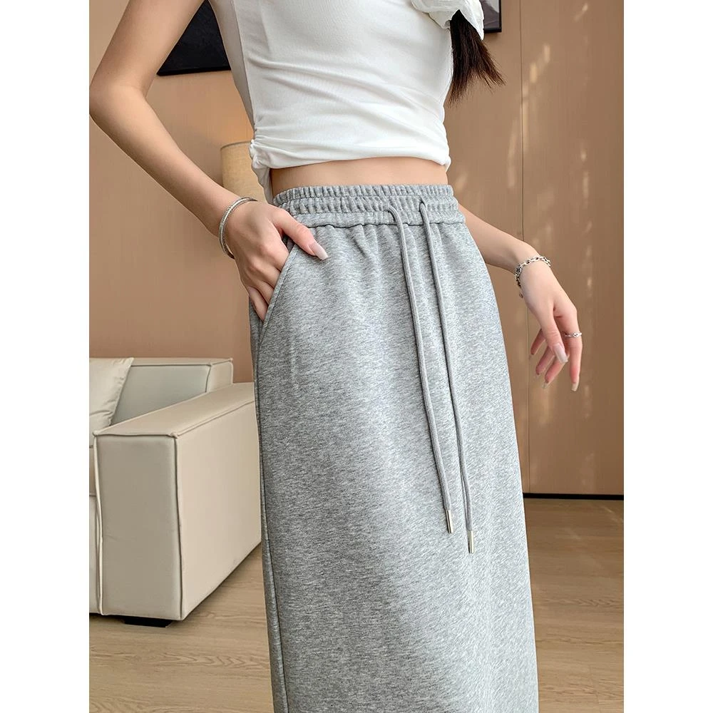 灰色后开叉半身裙女2025夏季中长款直筒修身包臀裙休闲运动卫裙