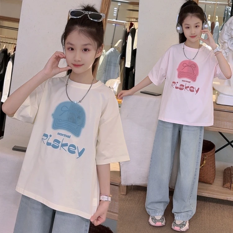 女童夏装套装2025新款女大童儿童短袖T恤阔腿裤牛仔裤夏季两件套