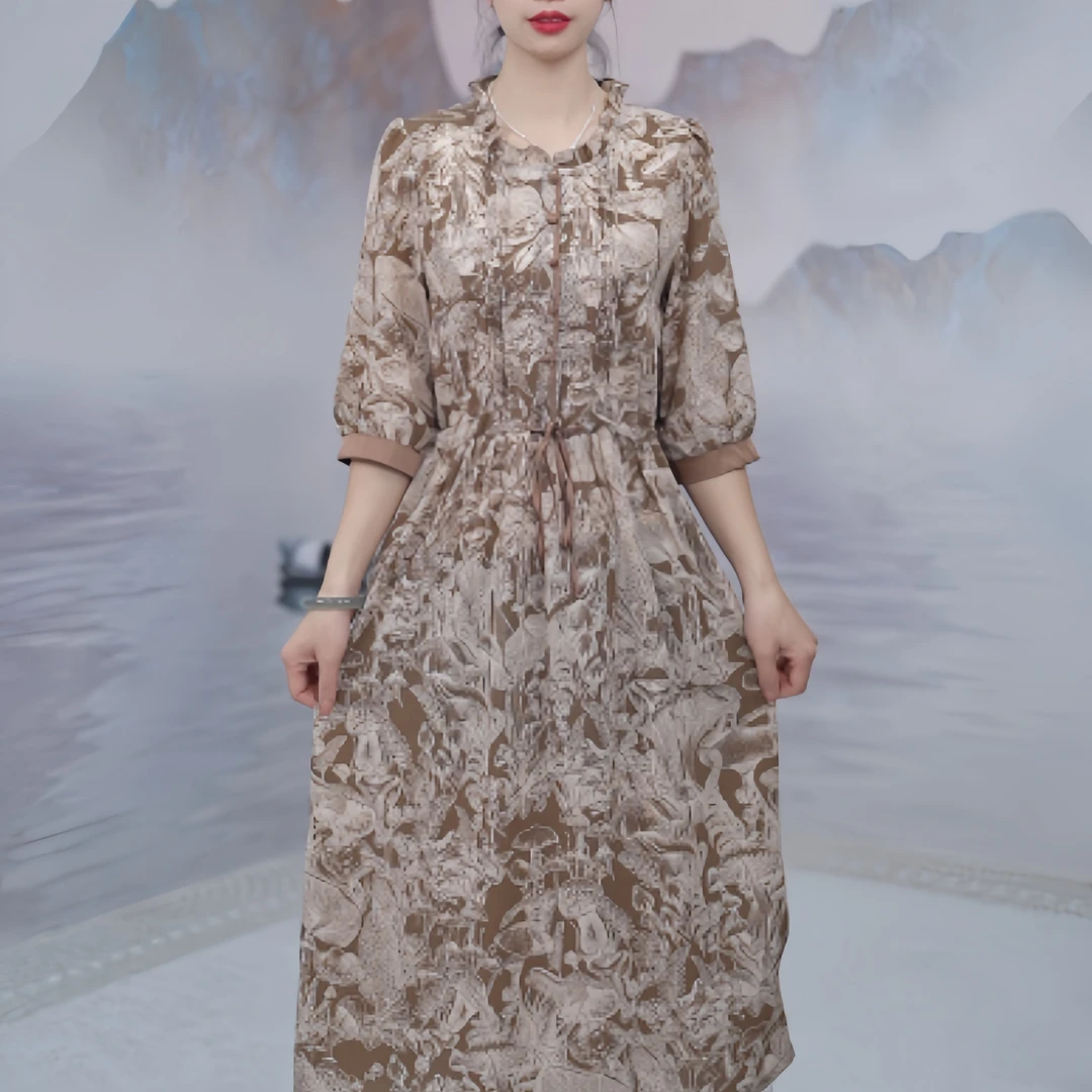 4067  新款时尚花边领复古休闲女士长裙显瘦气质国风连衣裙