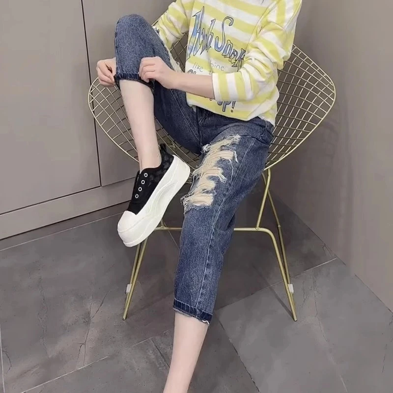 夏季新款复古无弹破洞直筒老爹裤子女大码女装高腰显瘦哈伦牛仔裤