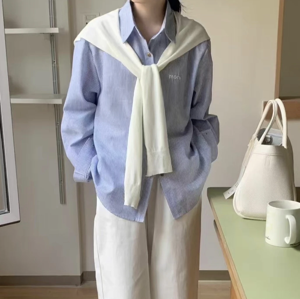 韩系简约条纹衬衫2025春季新款宽松休闲长袖衬衫配披肩蓝色百搭