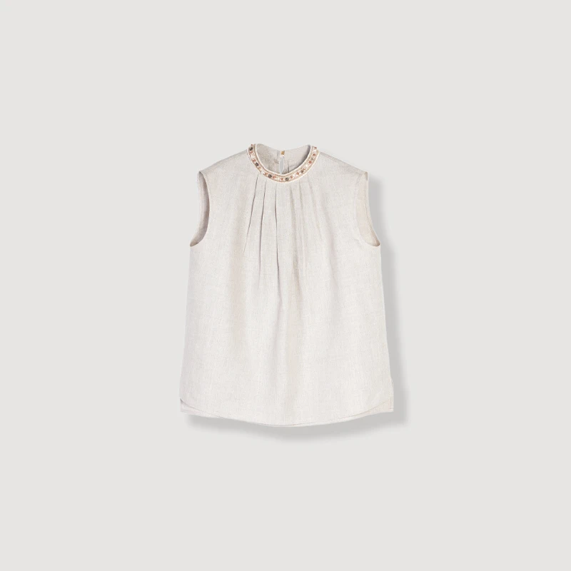【夏洛克海岸】法式重工100%进口亚麻材质钻饰圆领无袖上衣25A1109