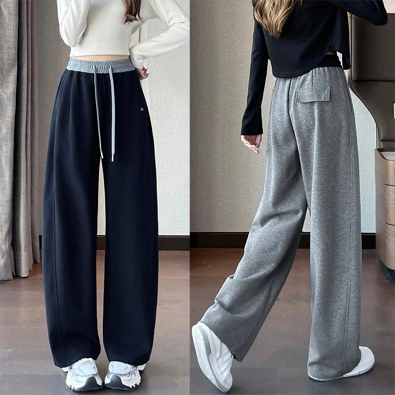 弯刀阔腿裤女春秋高腰直筒香蕉裤小个子九分宽松灰色运动休闲卫裤