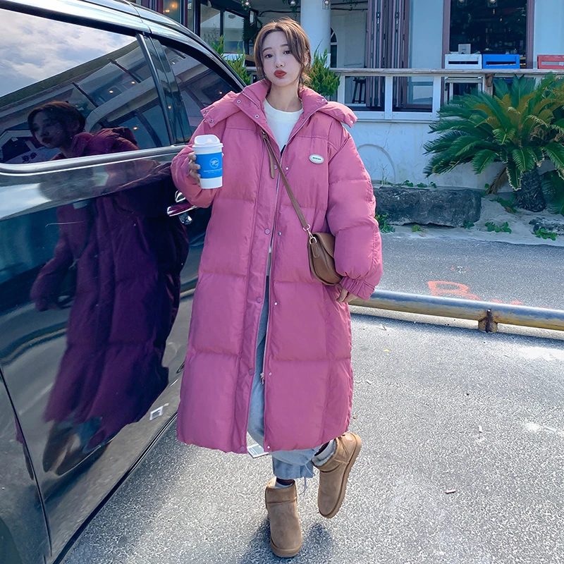 玫红色连帽中长款羽绒服女冬季新款加厚保暖休闲宽松90白鸭绒外套