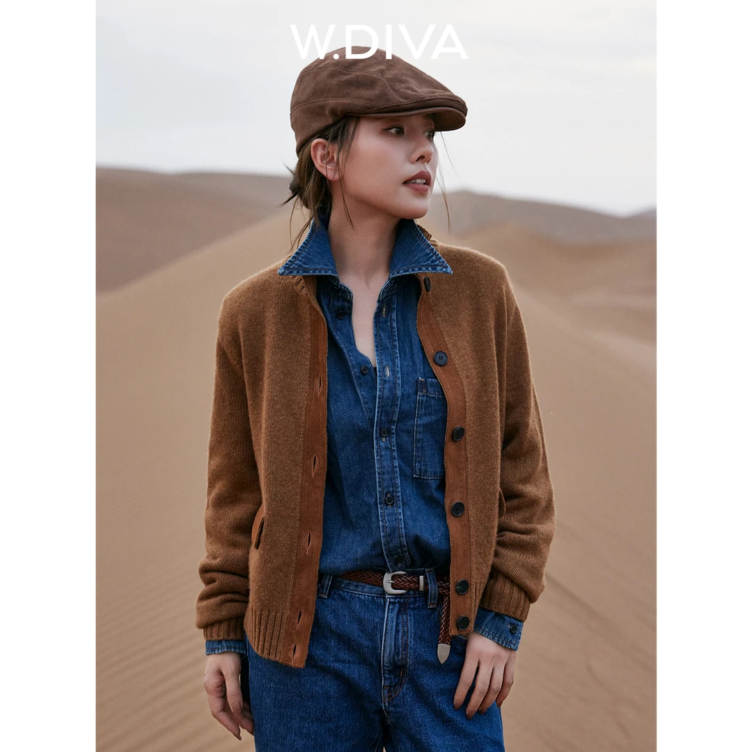 W.Diva【暖棕密语】定纺羊绒花纱高克重拼羊皮立领毛衫53Z012779