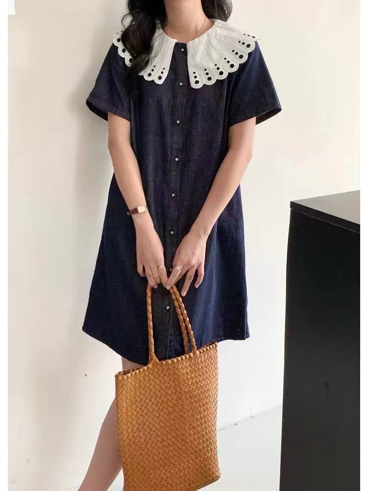 撞色娃娃领牛仔连衣裙法式短袖拼接设计减龄时尚中长裙大码