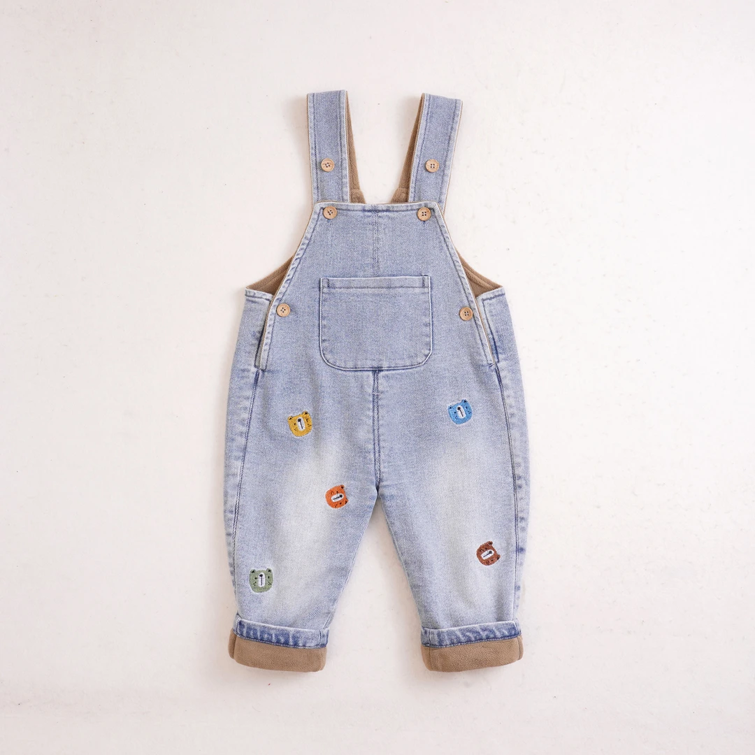 宝宝牛仔背带裤加绒刺绣小熊男女童秋冬儿童0-4岁婴儿裤外穿洋气