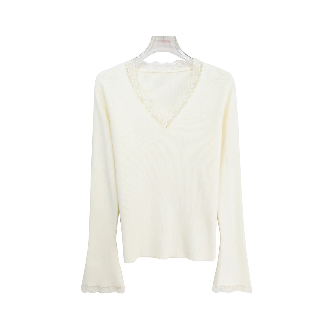 气质温柔风V领蕾丝拼接百搭针织长袖上衣K24466