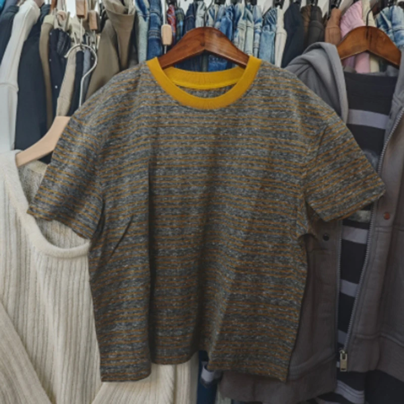 2025夏季新款韩系圆领时尚宽松百搭气质条纹拼色舒适简约短袖T恤