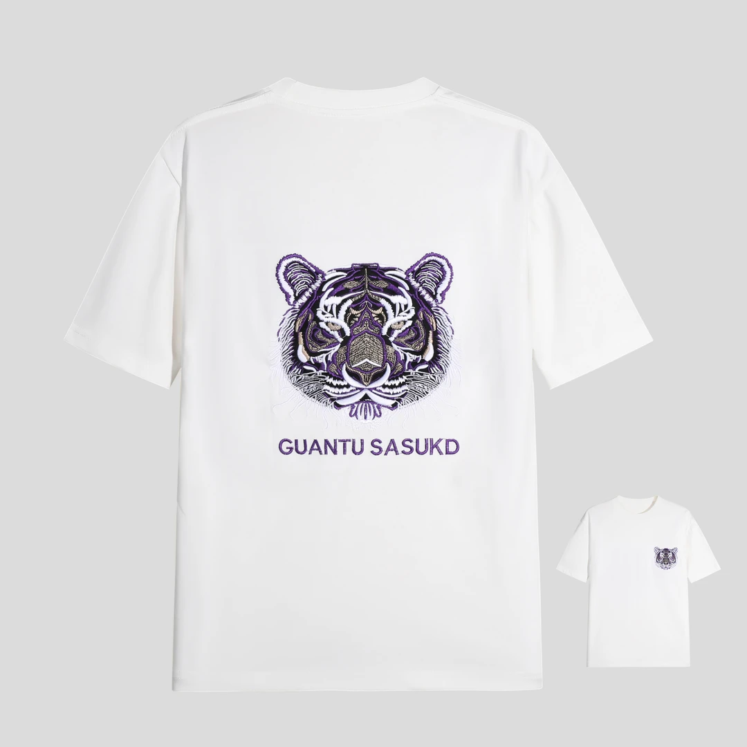 【花1】2025年百搭夏季经典国风短袖紫虎刺绣T恤 y321