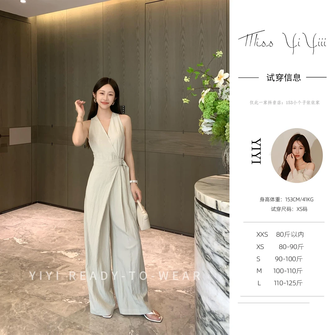 【浅尝薄荷】<YiYiii>小个子无袖高腰围裹式连体裤设计感休闲阔腿裤