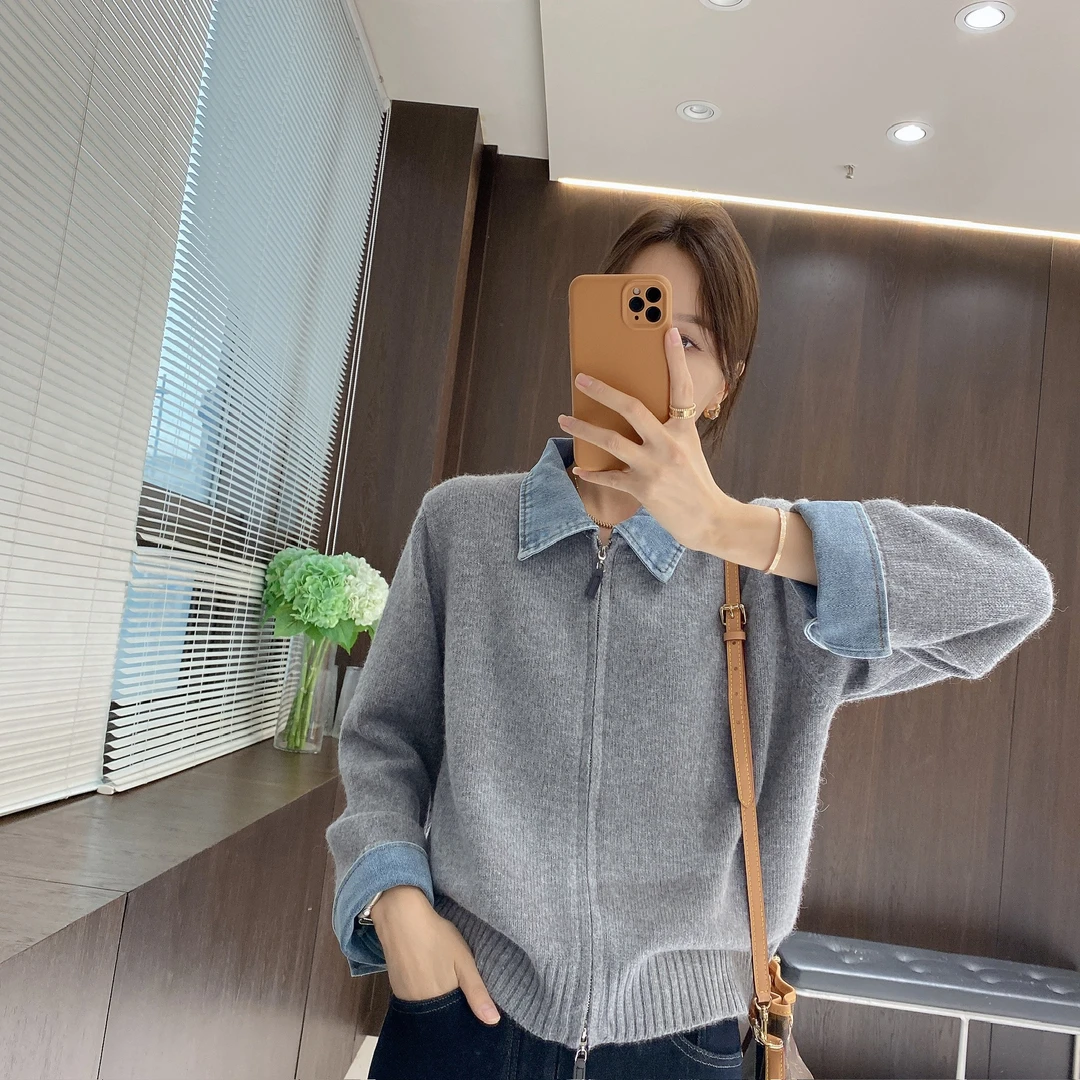 IMFLY金小金自制女装 针织开衫DYW10110秋冬牛仔领拼接假两件上衣