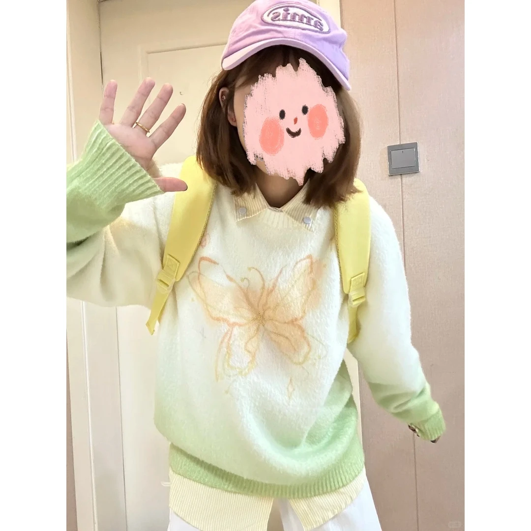 复古慵懒松弛感撞色蝴蝶渐变毛衣女秋季新款宽松洋气百搭减龄上衣