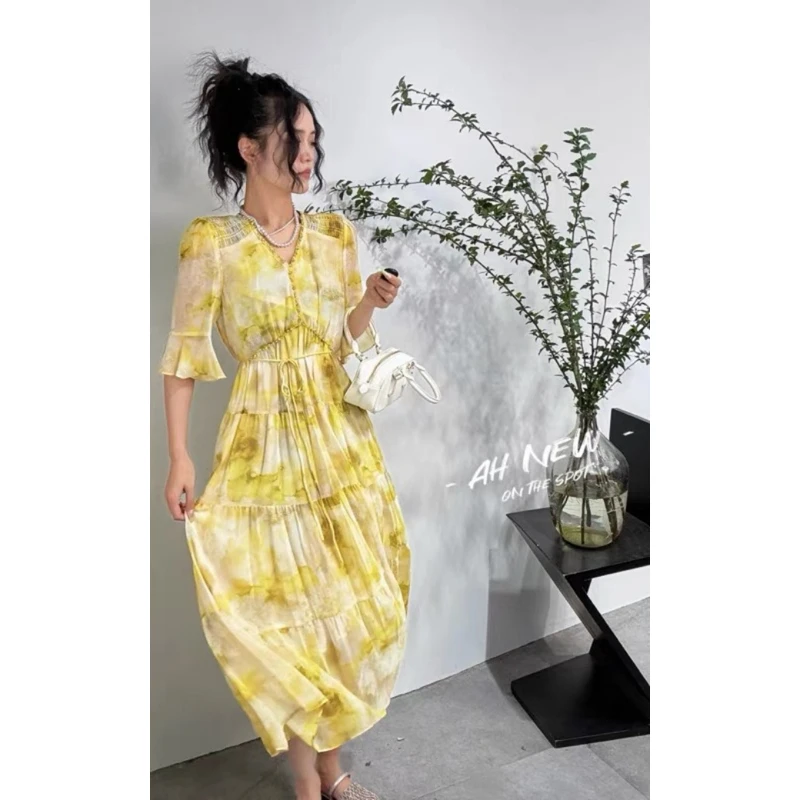 A9591【骄阳流韵】杭州老九天夏季新款喇叭袖减龄连衣裙女