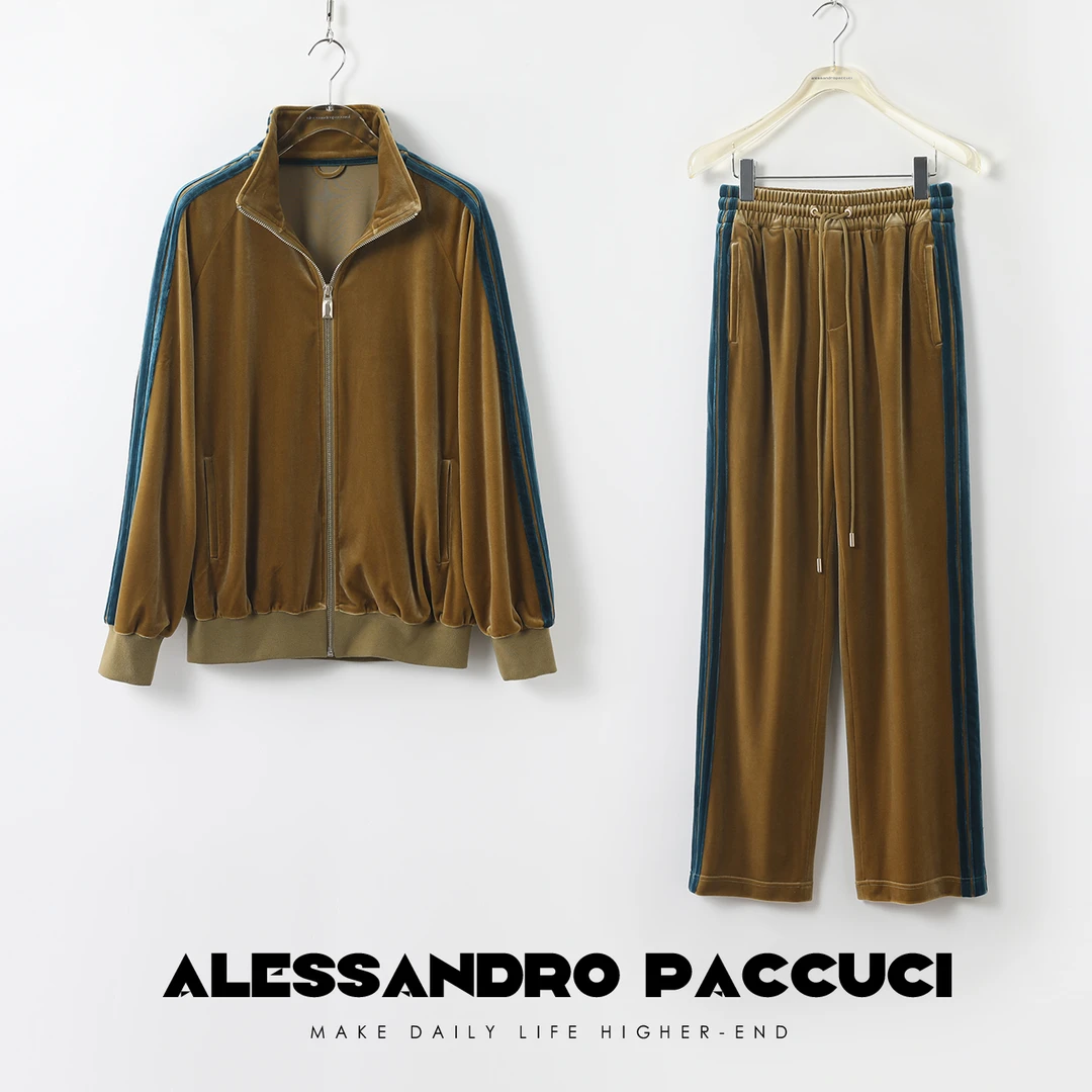 AP洛哥25877X撞色拼条光泽感丝绒运动拉链外套/松紧系带休闲裤