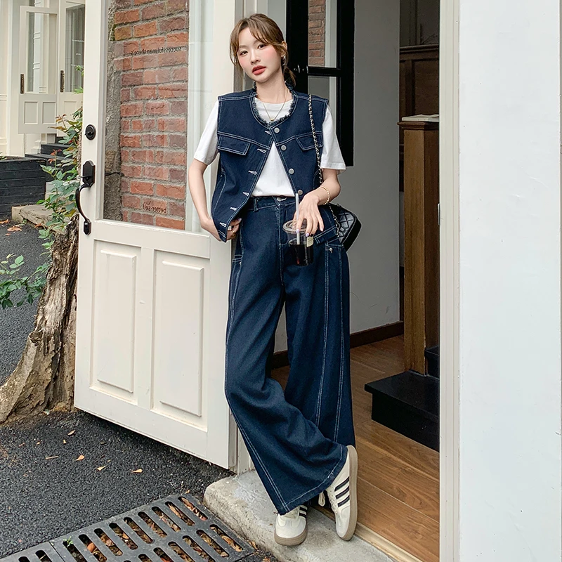 设计感牛仔马甲套装裤女2025夏季新款时尚休闲松弛感阔腿裤两件套