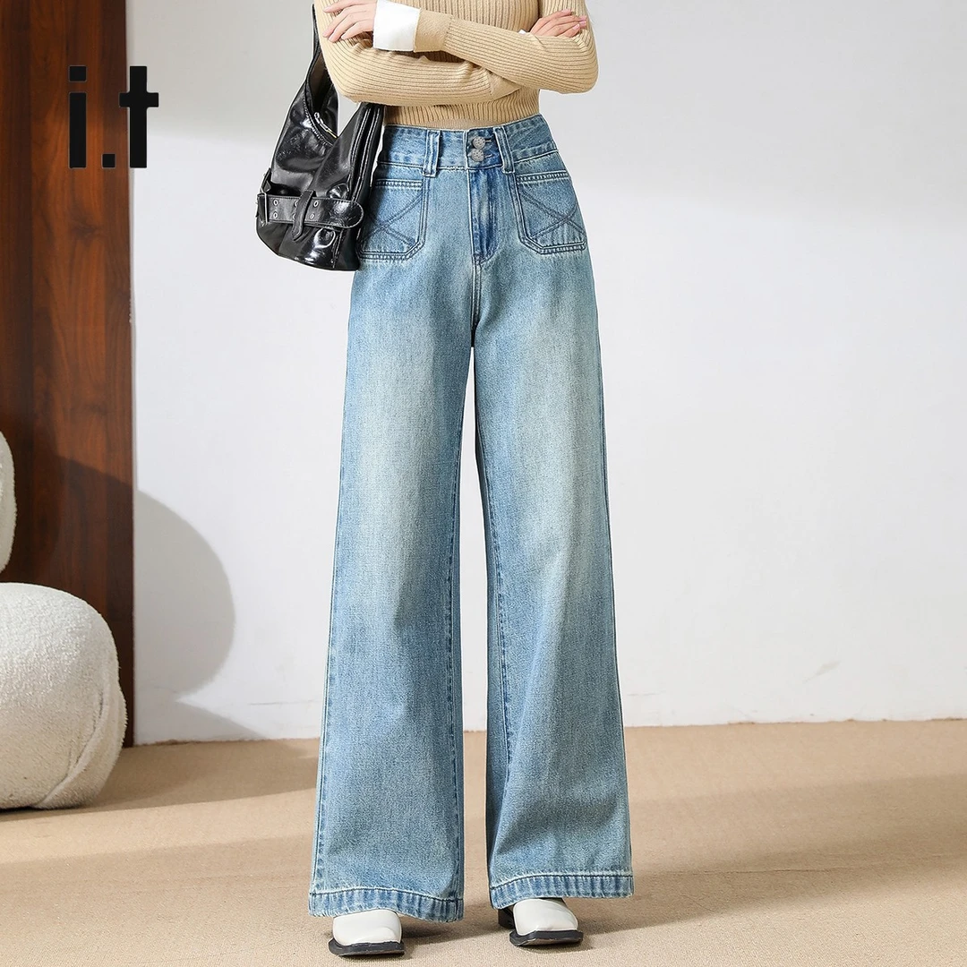 CHOCOOLATE宽松阔腿裤春季高腰水洗复古通勤风阔腿百搭牛仔长裤