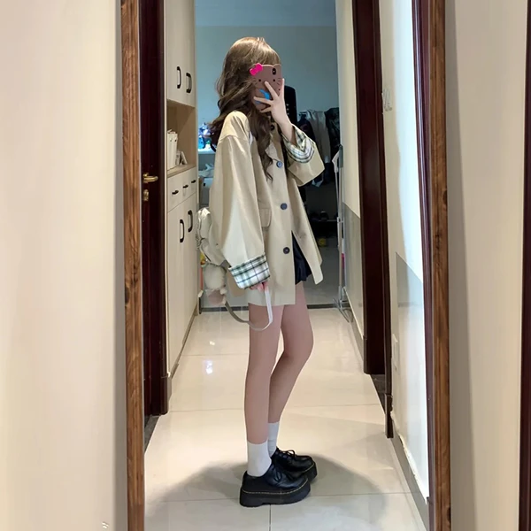 春季女中长款学院风格纹拼接风衣宽松上衣学生炸街休闲秋季