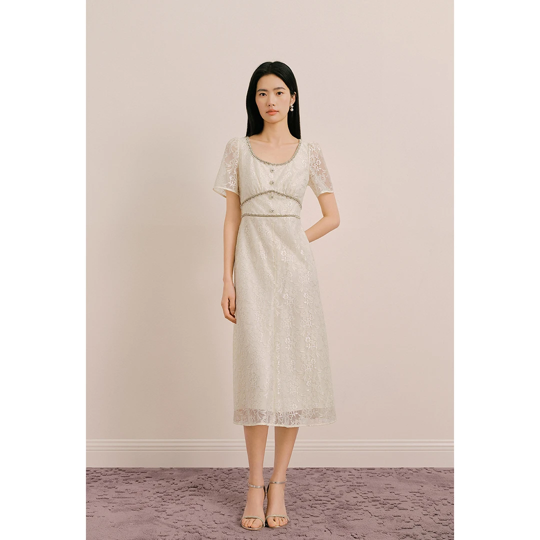 OBBLIGATO奥丽嘉朵U领钻链珠扣钩花镂空连衣裙1C65205130