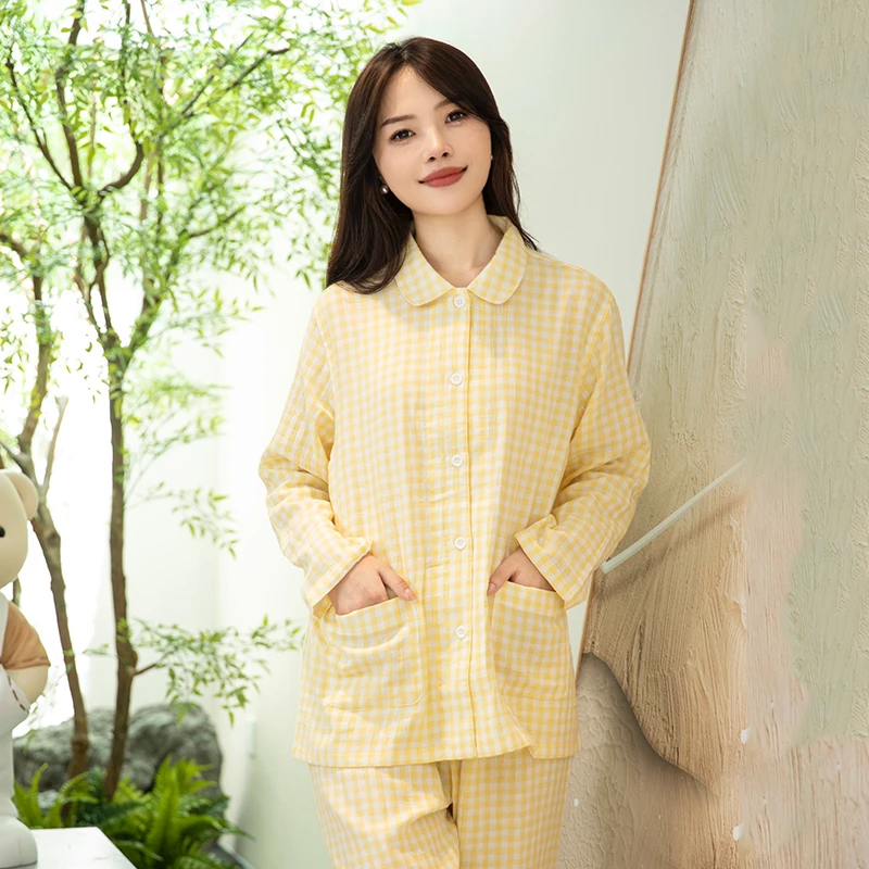 宜色家春夏纯棉双层纱糖果色长袖格子小清新情侣家居服睡衣女套装