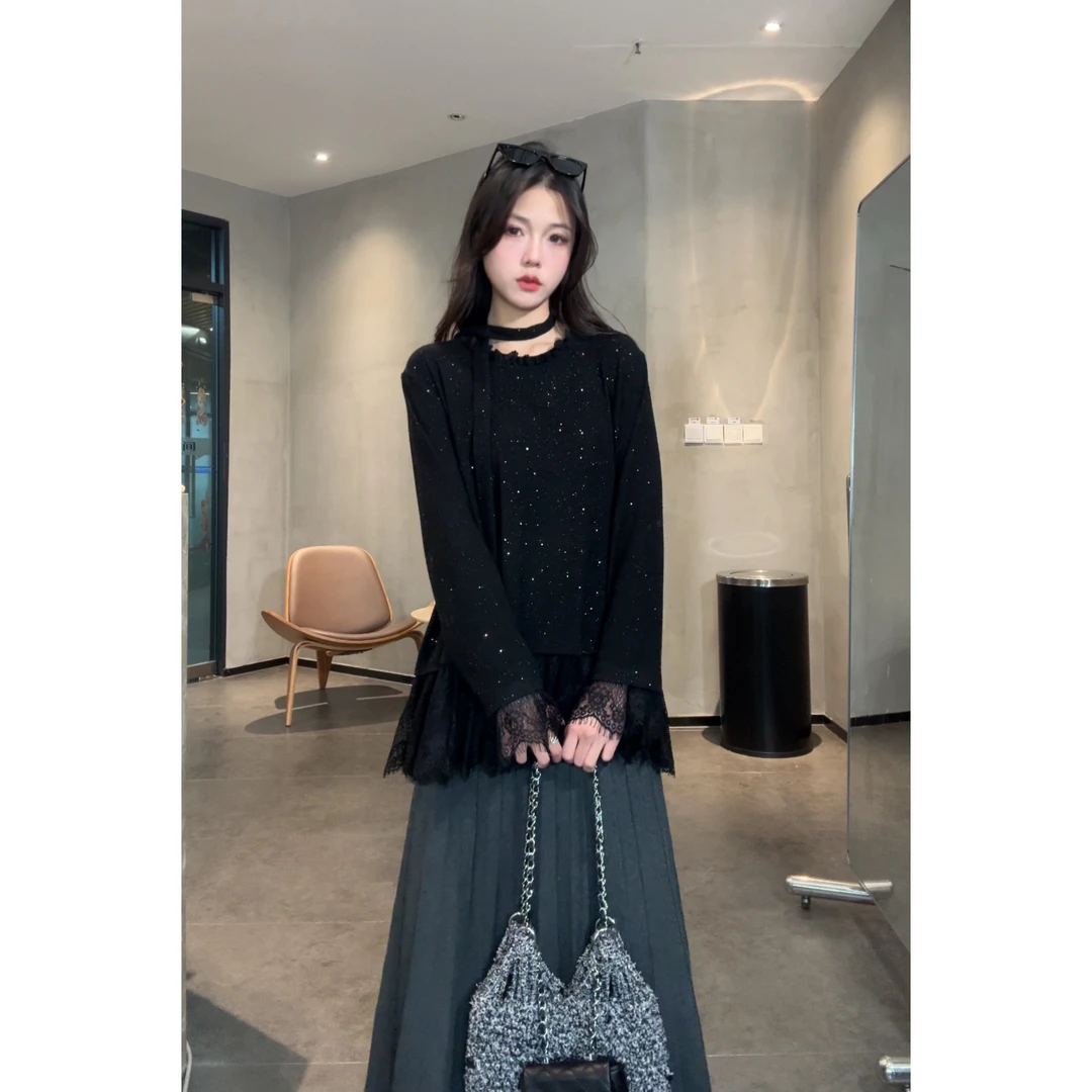 【一片星辰】春新款显瘦亮晶晶高冷气质感拼接蕾丝打底小众女上衣