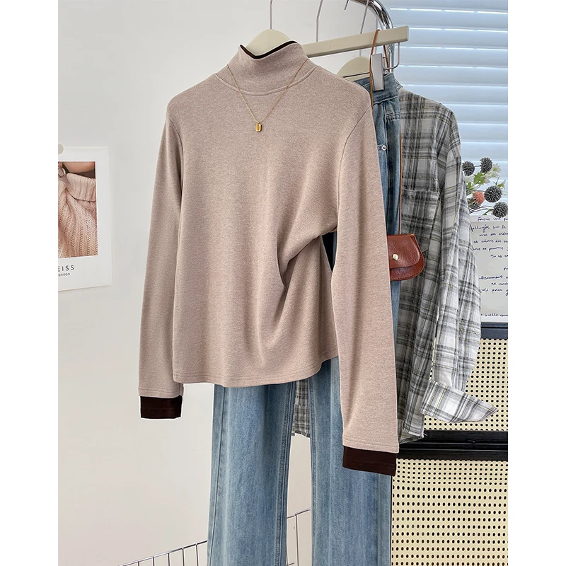 慕斯绒高领拼接长袖打底衫2025冬季加绒加厚保暖百搭女装内搭上衣