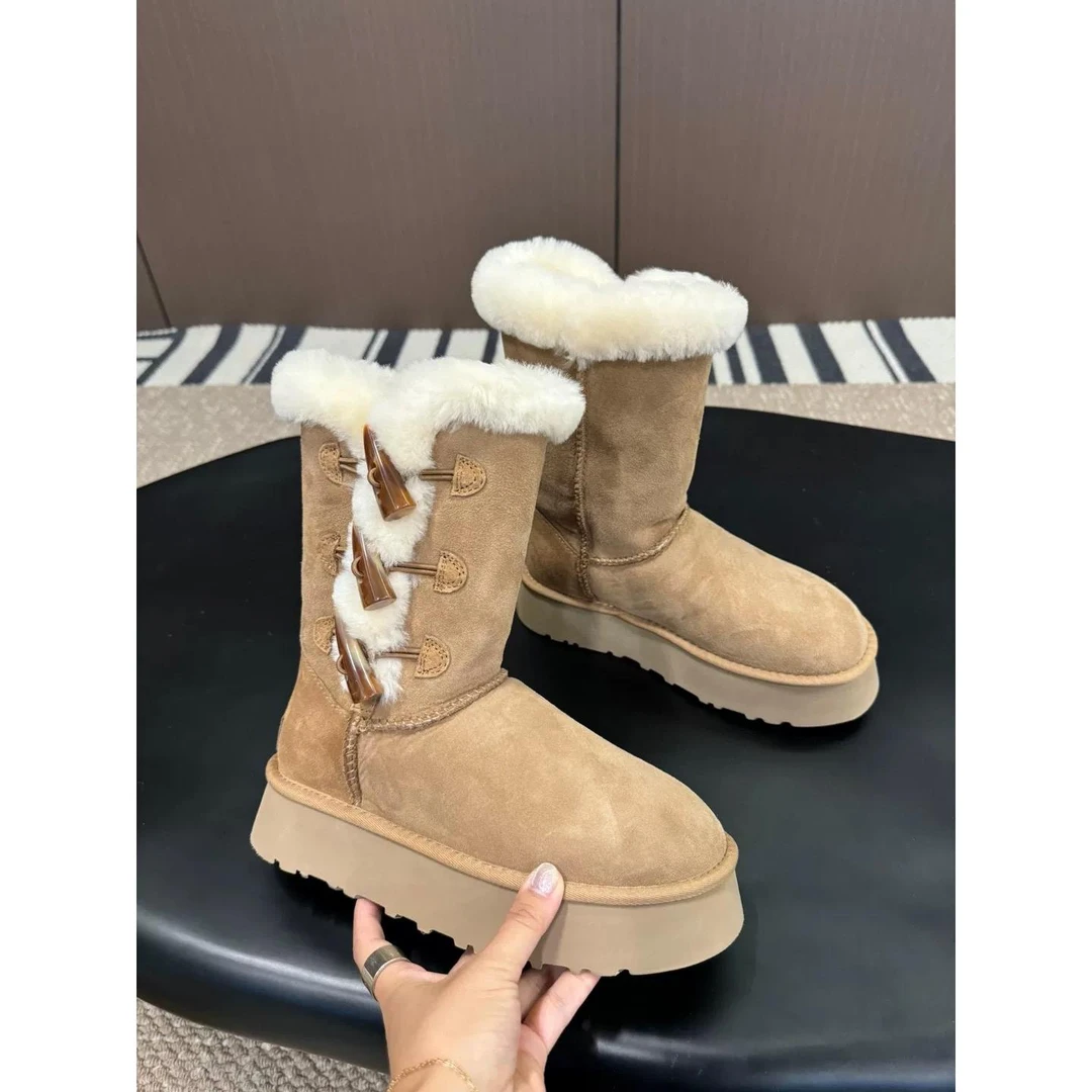 【冬款上新】河南桑坡新款女厚底牛角三粒扣雪地靴毛一体高筒
